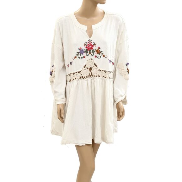 Free People Tops - Free People Kennedy Tunic Top Floral Embroidered Ivory Crochet Cotton L 284268